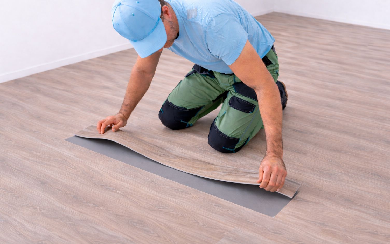 Muž opravující PVC podlahu.
