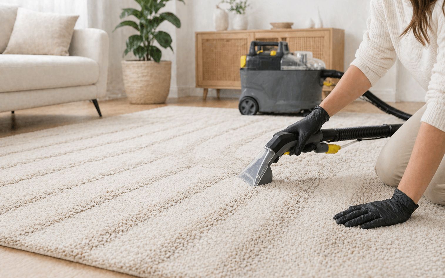 Žena dôkladne čistí koberec.