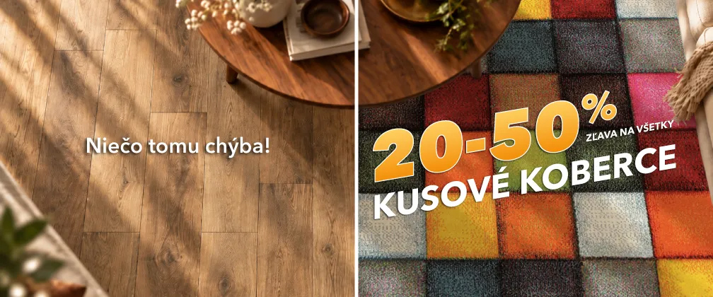 podlaha v dekore dreva a farebný kusový koberec - zľava 20-50%