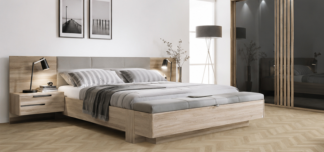 moderní ložnice s dřevenými prvky a PVC podlahou v dekoru parket