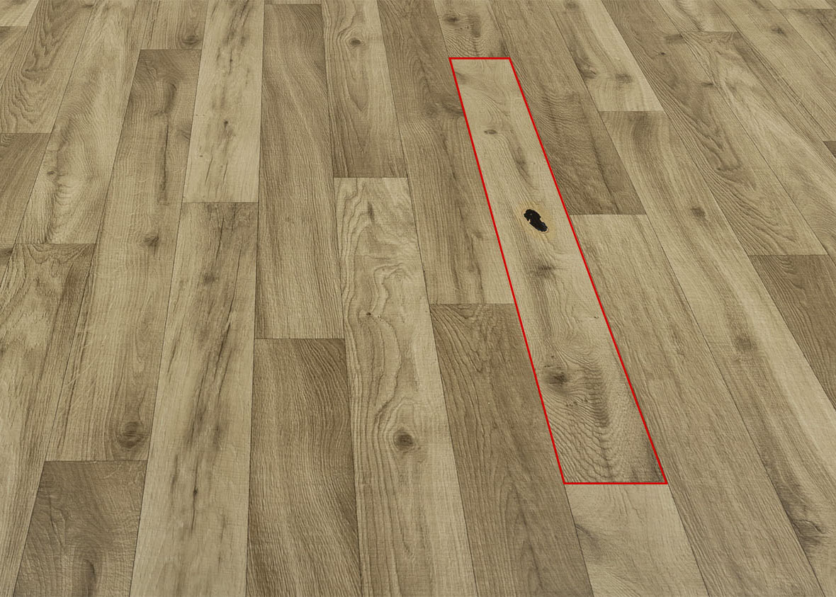 Označená lamela PVC podlahy pripravená na vyrezanie.