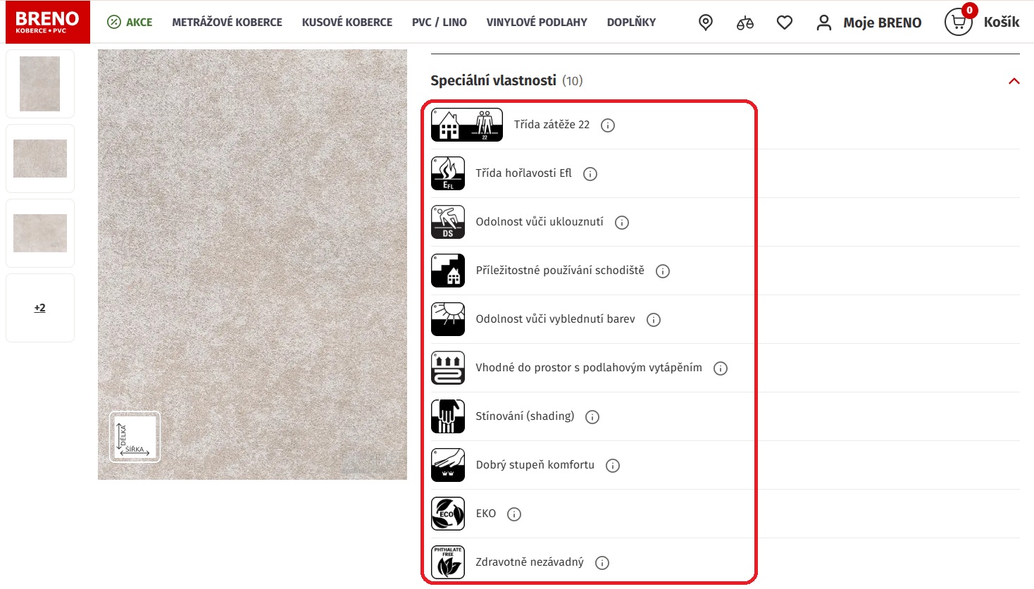 Screenshot BRENO webu s produktem, u kterého najdou piktogramy ve speciálních vlastnostech.