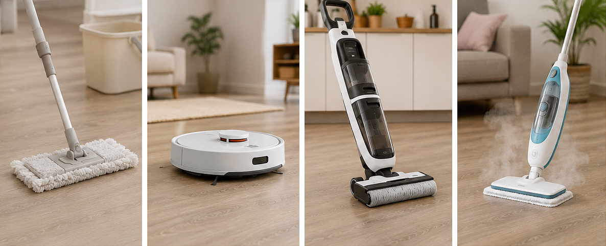 vytírací prostřědky mop, robotický vysavač, podlahová myčka, parní mop